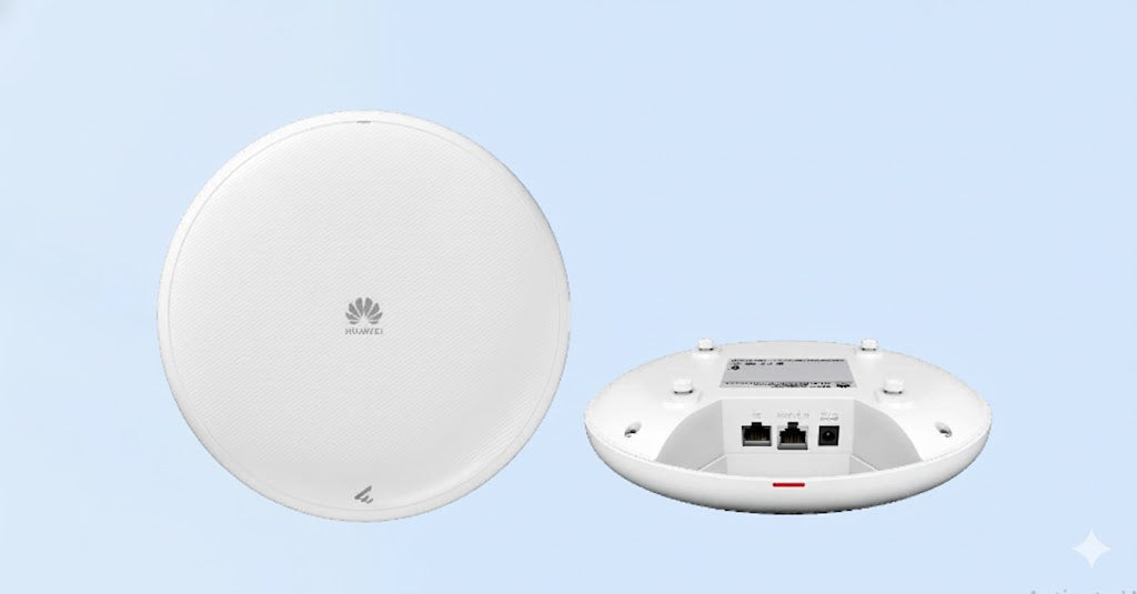 Two white devices, one with a visible brand logo, on a light blue background