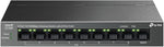 TP-Link network switch with 8 Ethernet ports and 8 PoE+ ports on a gray background