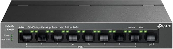 TP-Link network switch with 8 Ethernet ports and 8 PoE+ ports on a gray background