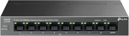 TP-Link network switch with 8 Ethernet ports and 8 PoE+ ports on a gray background