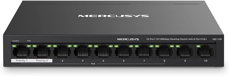 Mercusys 10-port 10/100Mbps desktop switch with LED indicators on a white background