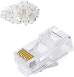 Clear network cable connector with gold contacts and a container of additional connectors on a white background.