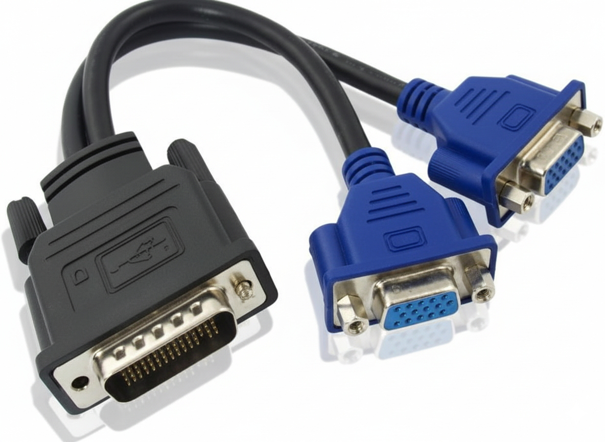 Two computer cables, one DVI and one VGA, on a white background