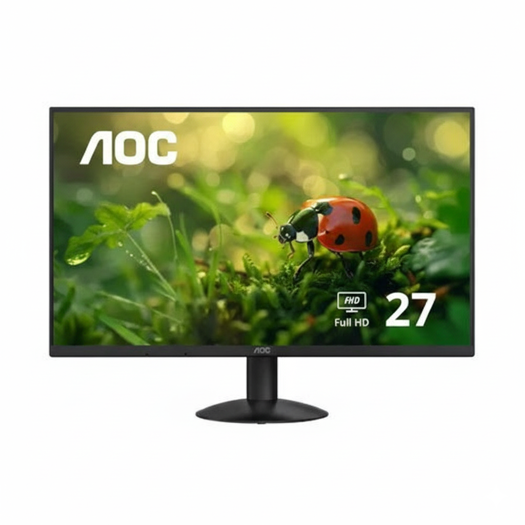 AOC monitor with a nature-themed display featuring a ladybug on grass.
