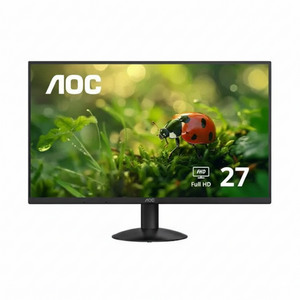 AOC monitor with a nature-themed display featuring a ladybug on grass.