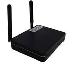 Black router with antennas on a white background