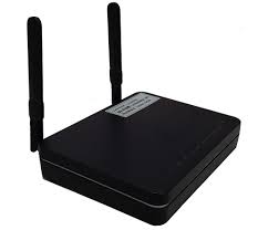 Black router with antennas on a white background