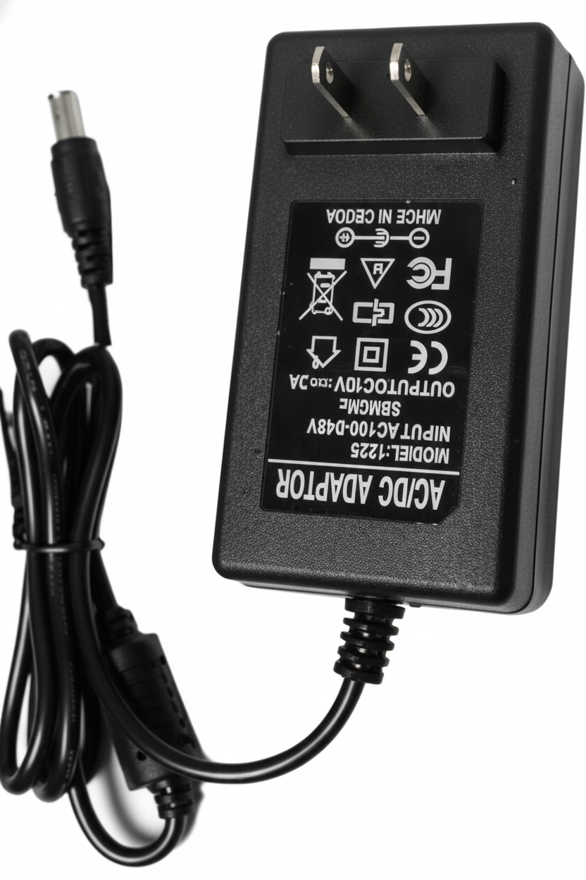 Black power adapter with plug on a white background