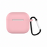 Pink airpod case with a black carabiner on a white background