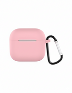 Pink airpod case with a black carabiner on a white background