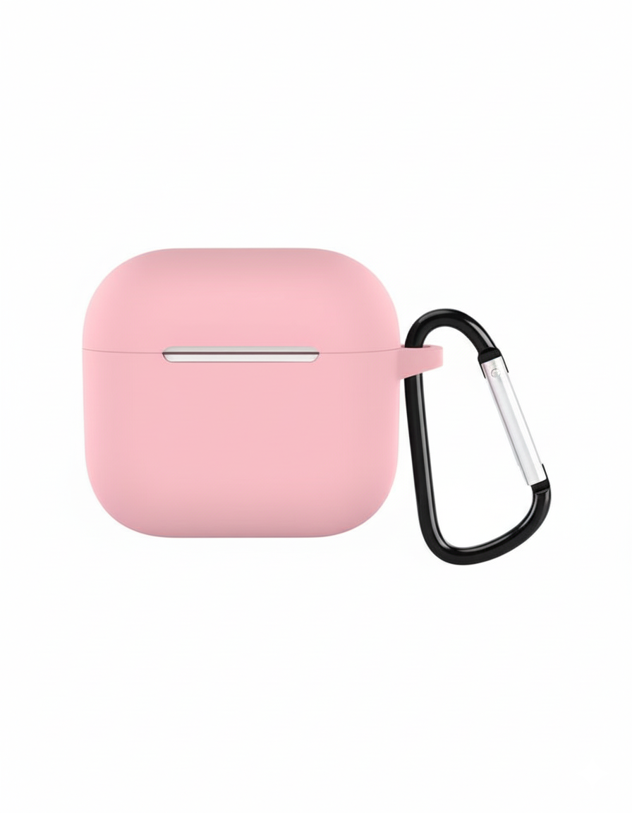Pink airpod case with a black carabiner on a white background