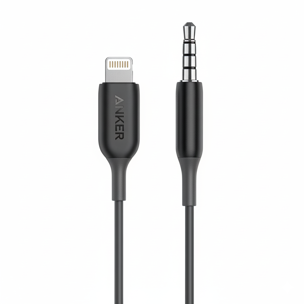 Anker cable with Lightning and 3.5mm jack connectors on a white background