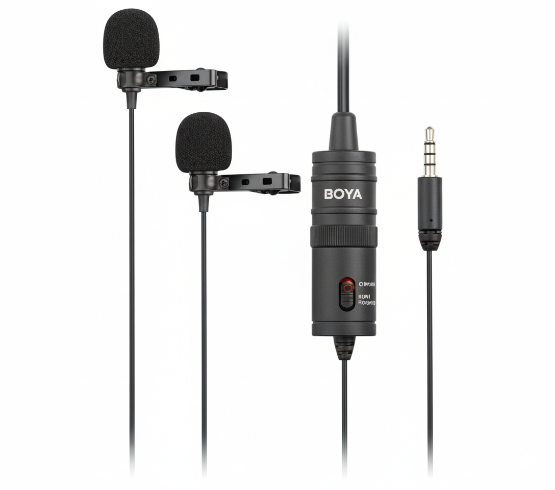 BOYA BY-M1 lavalier microphone with cable on a white background
