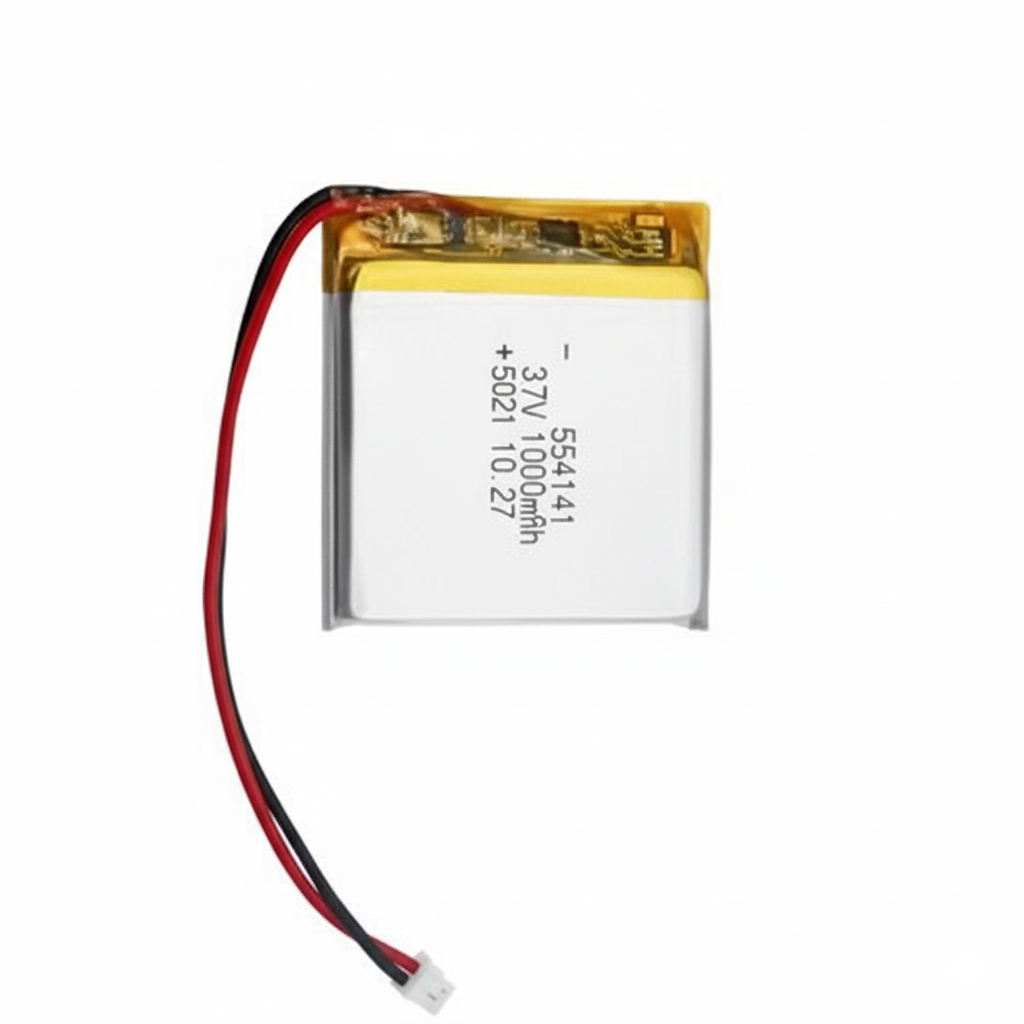  lithium battery with red and black wires on a white background