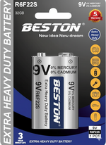 Beston 9V battery packaging with battery and branding on a dark background
