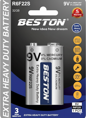 Beston 9V battery packaging with battery and branding on a dark background