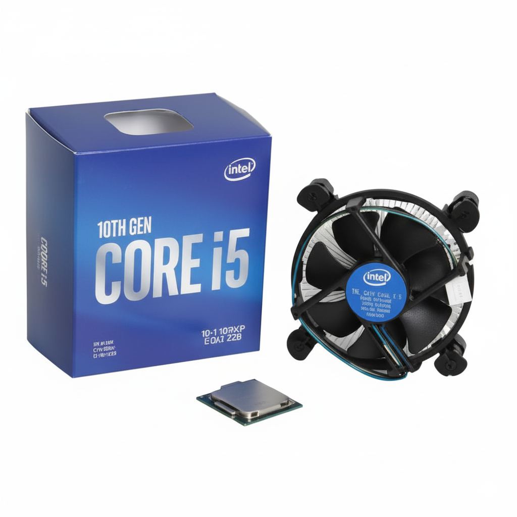 Intel Core i5 processor packaging with CPU, cooler, and thermal paste on a white background