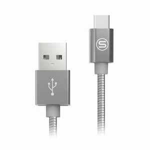 Gray USB cable with connectors on a white background