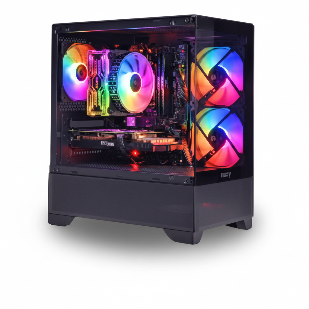 Computer case with RGB lighting on a white background
