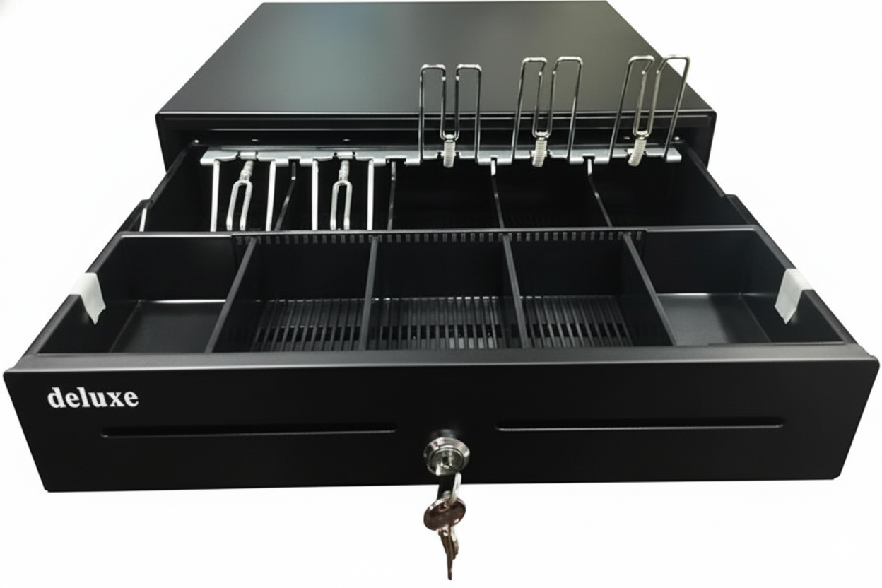 Black cash register with multiple drawers and a key on a white background