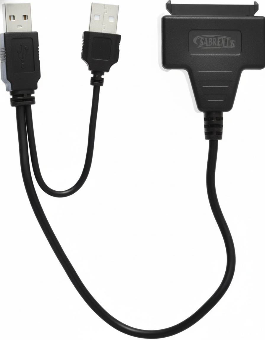 Black USB cable with a device adapter on a white background