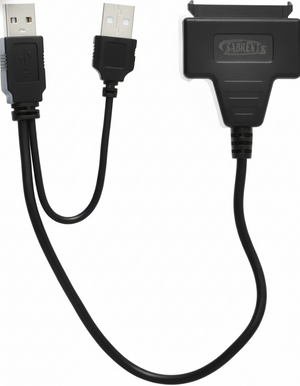 Black USB cable with a device adapter on a white background