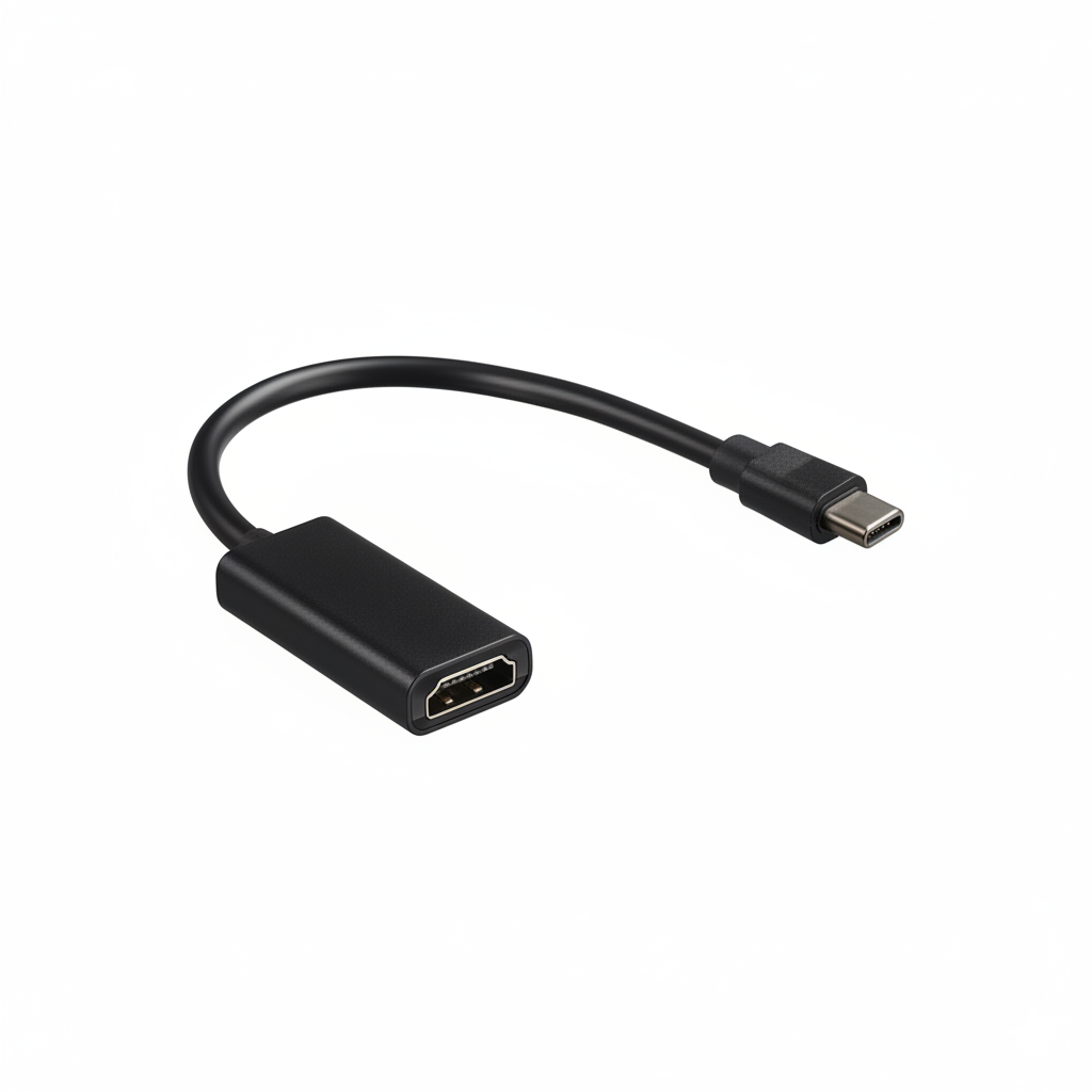 Black USB to HDMI adapter on a white background