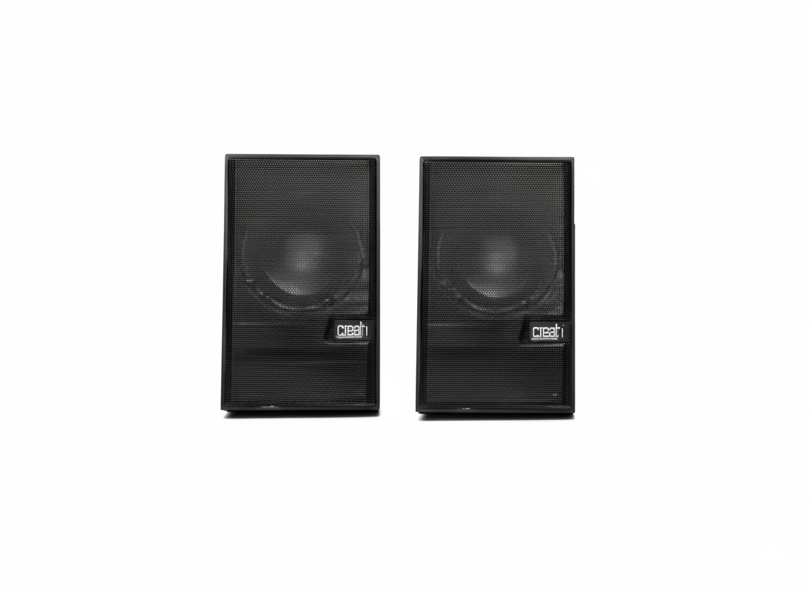 Pair of black speakers on a white background