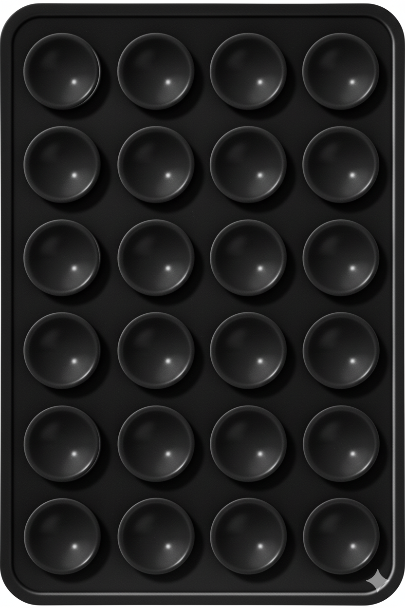 Black silicone mold with multiple round cavities on a black background
