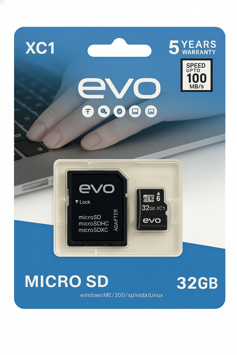 Evo 32GB microSD card packaging with a hand holding a laptop.