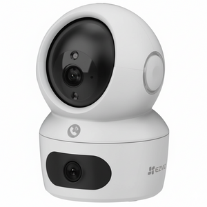 White EZVIZ security camera with dual lenses on a white background