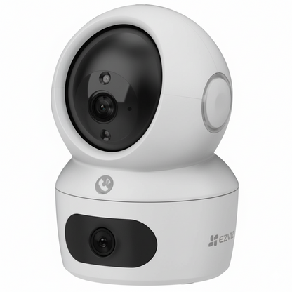 White EZVIZ security camera with dual lenses on a white background