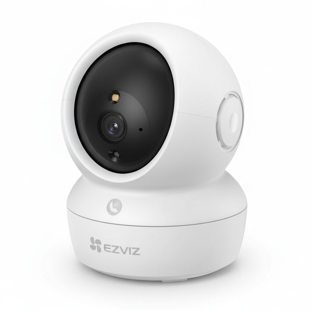 White EZVIZ security camera on a white background