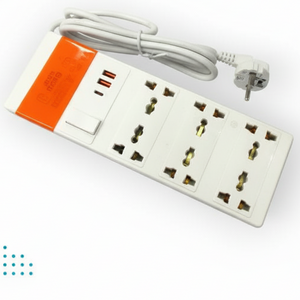 Power strip with multiple outlets and a cable on a white background, featuring Design Alert logo.