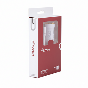 Red and white packaging of eetrain car charger with clear window
