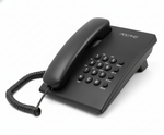 Black telephone with keypad on a white background