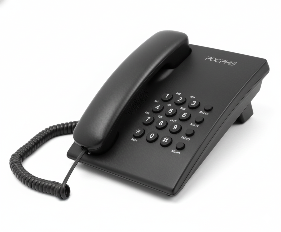 Black telephone with keypad on a white background