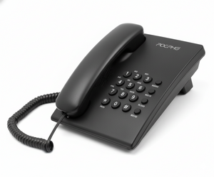 Black telephone with keypad on a white background