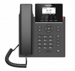 Black office phone with digital display and keypad on a white background