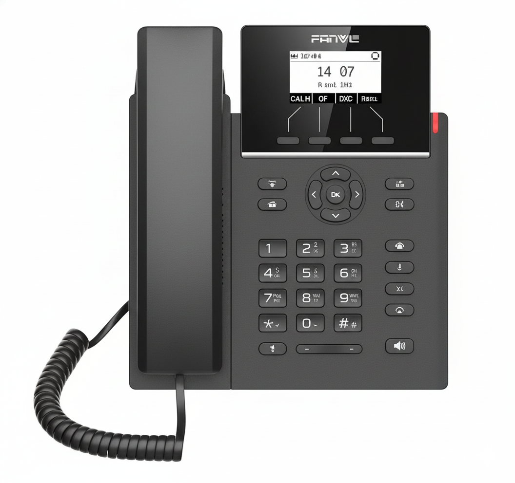Black office phone with digital display and keypad on a white background