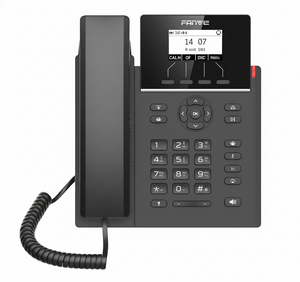 Black office phone with digital display and keypad on a white background