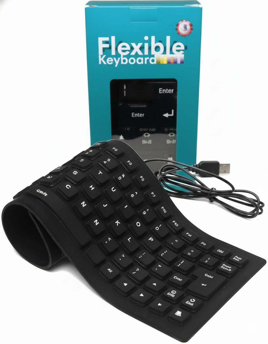 Black flexible keyboard with USB cable and packaging on a white background