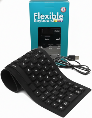 Black flexible keyboard with USB cable and packaging on a white background