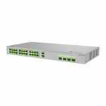 Network switch with multiple green indicator lights on a white background