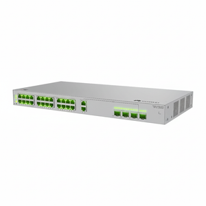 Network switch with multiple green indicator lights on a white background