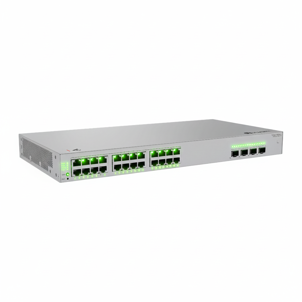 Network switch with multiple ports on a white background