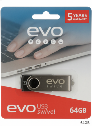 Evo USB swivel 64GB packaging with a hand using a laptop in the background