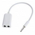 White audio adapter with two headphone sockets and a 3.5mm jack on a white background
