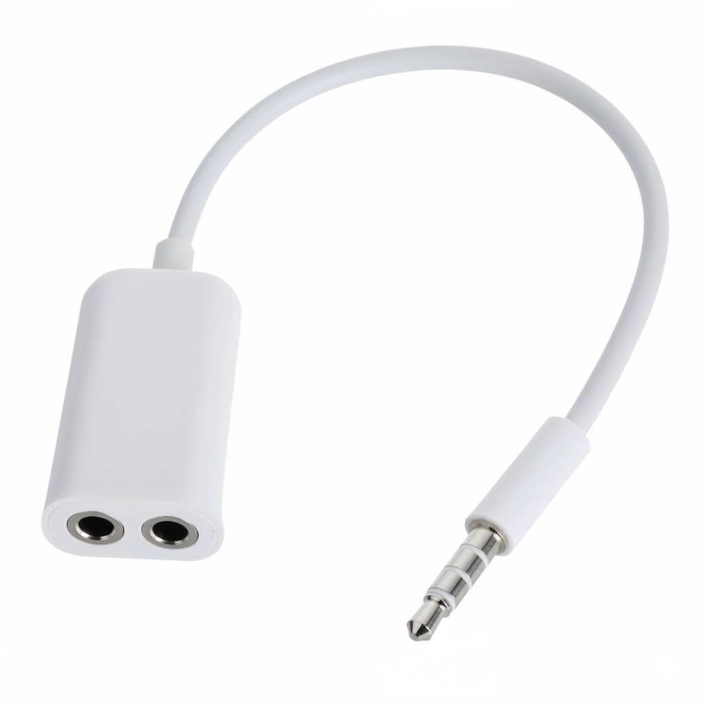 White audio adapter with two headphone sockets and a 3.5mm jack on a white background
