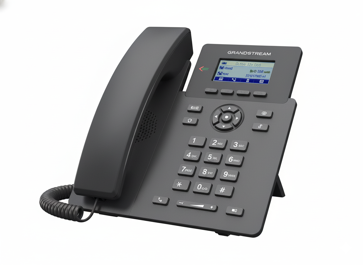 Black Grandstream phone on a white background